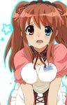  asahina_mikuru blush breasts brown_hair busty cleavage hair_ornament heterochromia long_hair solo suzumiya_haruhi_no_yuuutsu tears twintails waitress 