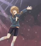  :d amane_suzuha bad_id bad_pixiv_id bike_shorts braid brown_hair jacket menoto microphone open_mouth outstretched_arm seiyuu_connection smile socks solo steins;gate tamura_yukari track_jacket twin_braids yellow_eyes 