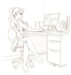  back-seamed_legwear bow breastless_clothes breasts chair corset crossed_legs desk drawing elbow_gloves francine_(daijaemon) gloves hair_bow keyboard_(computer) left-handed long_hair medium_breasts monitor monochrome nipples office_chair original recursion seamed_legwear sitting solo stylus tablet thighhighs topless 