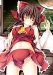  bare_shoulders blush bow breasts brown_hair closed_eyes commentary_request cup detached_sleeves food fruit groin hair_bow hair_tubes hakurei_reimu kai_yuuki large_breasts long_hair lying midriff navel no_panties on_back skirt sleeping solo touhou watermelon wooden_floor 