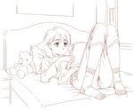  bed copyright_request francine_(daijaemon) lying monochrome pillow reading short_hair solo stuffed_animal stuffed_toy teddy_bear 