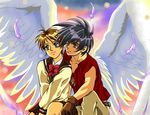  1girl angel_wings black_hair brown_eyes brown_hair couple feathers gloves green_eyes hetero kanzaki_hitomi mikiky school_uniform short_hair tenkuu_no_escaflowne van_fanel wings 