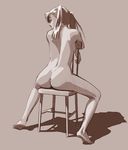  arched_back ass back barefoot chair copyright_request feet francine_(daijaemon) from_behind long_legs monochrome nude sepia shadow simple_background sitting sitting_backwards solo twintails 