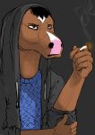  anthro bojack_horseman bojack_horseman_(character) brown_fur cigarette clothed clothing colored digital_media_(artwork) equine fur horse jacket mammal simple_background sketch smoking thathornycat 