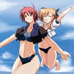  azumaya_hironaru barefoot bikini blonde_hair closed_eyes jacket jumping long_hair lyrical_nanoha mahou_shoujo_lyrical_nanoha_strikers multiple_girls nove_(nanoha) numbers_(nanoha) red_hair short_hair swimsuit twintails vivio yellow_eyes 