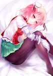  bandages bed_sheet brown_legwear bun_cover chinese_clothes double_bun feet_out_of_frame fetal_position greave_(asterism) ibaraki_kasen lying on_side panties panties_under_pantyhose pantyhose pink_eyes pink_hair short_hair skirt smile solo touhou underwear 