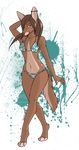  brown_hair canine clothed clothing coyote female green_eyes hair hair_over_eye mammal piercing skimpy solo standing swimsuit venerit 