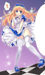  alice_(wonderland) alice_in_wonderland apron blonde_hair blue_eyes bow brush dress hair_bow long_hair ribbon solo thighhighs yukiwo 