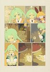  1girl ahoge animal_ears comic door green_eyes green_hair lamp light_bulb narumi_arata original scarf smile 