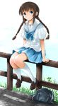  bag blue_eyes braid brown_hair fence grass highres kneehighs michii_yuuki neckerchief original school_bag school_uniform serafuku sidelocks sitting skirt smile solo twin_braids white_legwear 