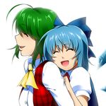  :d ^_^ ahoge ascot blue_dress blue_hair bow cirno closed_eyes dress green_hair hair_bow happy ice ice_wings kazami_yuuka mattari_yufi multiple_girls open_mouth plaid plaid_vest shirt short_hair smile touhou vest wings 