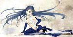  blue_eyes blue_hair boots breasts cleavage gloves highres hisaba_iori long_hair medium_breasts navel original solo thigh_boots thighhighs 