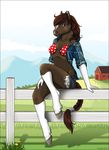  bikini braided_tail breasts broadway~ brown_eyes clothed clothing country equine etuix farm female fence flannel horse looking_at_viewer mammal skimpy solo swimsuit 