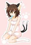  animal_ears bad_id bad_pixiv_id bare_shoulders bloomers brown_eyes brown_hair camisole cat_ears cat_tail chen earrings eku food highres jewelry kneehighs mouth_hold multiple_tails popsicle short_hair simple_background single_earring sitting socks solo tail touhou underwear underwear_only wariza white_bloomers white_legwear 