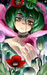  bare_shoulders breasts choker cleavage collarbone colored_eyelashes eyebrows flower frown green_hair hair_flower hair_ornament head_tilt highres large_breasts original oso_(toolate) papaver_somniferum personification plant ringed_eyes short_hair solo tears yellow_eyes 