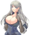  armor bad_id bad_pixiv_id blue_eyes braid breasts bursting_breasts cleavage earrings gloves huge_breasts jewelry long_hair louis&amp;visee ravness_loxaerion silver_hair simple_background solo tactics_ogre twin_braids 