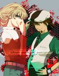  androgynous bad_id bad_pixiv_id banned_artist barnaby_brooks_jr belt blonde_hair brown_eyes brown_hair cabbie_hat covering_face facial_hair goatee green_eyes hat hat_tip kaburagi_t_kotetsu male_focus multiple_boys necktie poko_(mammypoko) smile studded_belt tiger_&amp;_bunny vest 