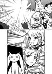  bow_(weapon) comic damaged drill_hair greyscale kaname_madoka kyubey magical_girl mahou_shoujo_madoka_magica monochrome multiple_girls nishiide_kengorou thighhighs tomoe_mami weapon 