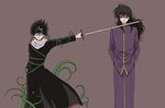  fight fighting green hair hiei kurama red school sword uniform vines weapon yu_yu_hakusho yuu_yuu_hakusho 