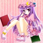  adjusting_eyewear bespectacled blush book bow crescent glasses hair_bow hat long_hair natsumikan patchouli_knowledge purple_eyes purple_hair sitting solo striped striped_background touhou 