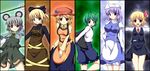  aki_minoriko animal_ears antennae ascot bad_id bad_pixiv_id blonde_hair bow breasts cape capelet column_lineup dress food fruit grapes green_eyes green_hair grey_hair hair_bow hair_ribbon hat highres kurodani_yamame lavender_hair letty_whiterock mouse mouse_ears mouse_tail multiple_girls nazrin outstretched_arms red_eyes ribbon rumia sakai_(pixiv) short_hair small_breasts smile stage_connection tail touhou wriggle_nightbug 
