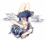  bare_legs barefoot blue_eyes blue_hair cirno dress_shirt full_body hand_on_forehead hot ice lying melting on_back open_mouth shirt simple_background solo supertie sweat touhou upside-down wings 