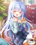  1girl :d ^_^ bangs birthday blue_hair blush cake carpet closed_eyes commentary_request cup facing_viewer food fork frilled_shirt_collar frills gochuumon_wa_usagi_desu_ka? hair_ornament happy highres holding holding_fork indoors kafuu_chino light_blue_hair long_hair long_sleeves mozukun43 on_floor open_mouth pantyhose pillow plaid plaid_skirt plant plate potted_plant signature sitting skirt smile solo steam strawberry_shortcake teacup white_pantyhose x_hair_ornament yokozuwari 