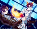  2boys animal_ears brown_hair cravat fox_ears fox_tail green_eyes harry_james_potter harry_potter kitsune lying multiple_boys numeri_(pixiv) on_back pull_back scar tail tom_marvolo_riddle 