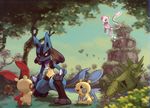  diglett game_freak highres lucario mew minun nintendo no_humans official_art plusle pokemon sugimori_ken tyranitar 