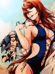  1girl akagi_soushi beach blue_swimsuit breasts brown_eyes brown_hair casual_one-piece_swimsuit character_request choujuurou_(naruto) cleavage day glasses grey_jacket groin hair_over_one_eye holding holding_sword holding_weapon jacket large_breasts long_hair looking_at_viewer naruto naruto_(series) naruto_shippuuden navel one-piece_swimsuit open_clothes open_jacket outdoors parted_lips running sideboob silver_hair sky swimsuit sword terumi_mei very_long_hair weapon 
