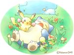  bellsprout belsprout berry_(pokemon) caterpie eo_kanako flower game_freak mushroom no_humans official_art pikachu pokemon sleeping snorlax 