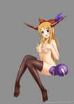  1girl absurdres blue_eyes blush breasts cheng cheng_(artist) cosplay covering covering_breasts fang female gourd highres horns ibuki_suika ibuki_suika_(cosplay) kousaka_kirino legs long_hair navel orange_hair ore_no_imouto_ga_konna_ni_kawaii_wake_ga_nai solo thighhighs topless touhou 