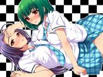  blue_hair blush checkered checkered_background green_hair idolmaster idolmaster_(classic) long_hair miura_azusa mole mole_under_mouth multiple_girls necktie otonashi_kotori red_eyes rough_time_school school_uniform short_hair skirt tokita_arumi unmoving_pattern 