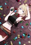 arm_up armpits belt blonde_hair blue_eyes coin dutch_angle fantasy_earth_zero gem jewelry lying meet midriff miniskirt navel necklace on_back pearl_necklace skirt solo strapless test_tube tubetop 