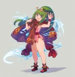  1girl :d arm_up armpits bangs bare_arms bare_legs blush boots bracelet_removed breasts chiki dress eyebrows_visible_through_hair fire_emblem fire_emblem_heroes full_body gem green_eyes green_hair grey_background jewelry long_hair looking_at_viewer necklace nintendo open_mouth pink_dress pointy_ears ponytail red_footwear ryoji_(nomura_ryouji) simple_background sleeveless sleeveless_dress small_breasts smile solo tiara very_long_hair 
