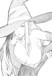 bare_shoulders breasts cleavage detached_sleeves dragon's_crown greyscale hand_on_hip hat hat_over_one_eye huge_breasts kimura_daisuke leaning_forward long_hair monochrome sketch solo sorceress_(dragon's_crown) witch_hat 