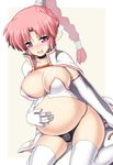  blush braid breasts cameltoe cape choker chrono_(series) chrono_trigger cleavage elbow_gloves erect_nipples flea flea_(chrono_trigger) gloves large_breasts nagase_haruhito navel open_mouth panties pink_hair pointy_ears ponytail pregnant purple_eyes sitting skirt solo stomach_bulge sweat thighhighs trap underwear 