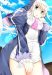  blonde_hair blue_eyes breasts cloud covering covering_crotch day dress eari_(shining_hearts) frills from_below habit hamo_tosaka looking_down medium_breasts nun shining_(series) shining_hearts sky solo thighs 