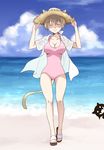 agahari animal_ears blush breasts brown_hair casual_one-piece_swimsuit cat_ears cat_tail cleavage closed_eyes cloud day ears_through_headwear fang hand_on_headwear hat large_breasts lynette_bishop miyafuji_yoshika ocean one-piece_swimsuit sandals shirt silhouette silhouette_demon sky smile solo straw_hat strike_witches sun_hat swimsuit tail water world_witches_series 