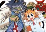  1girl 27_degrees animal_ears beard black_eyes blonde_hair cat_ears cat_tail facial_hair getter-1 getter_robo grey_hair hair_over_one_eye kemonomimi_mode long_hair mecha necktie nichijou paw_pose professor_saotome professor_shinonome tail 