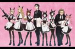  5girls akiha_rumiho alternate_costume amane_suzuha animal_ears apron arm_behind_back assault_rifle black_hair black_neckwear blonde_hair blue_eyes blush braid brown_hair butler drill_hair enmaided everyone food glasses gloves gun hashida_itaru kiryuu_moeka kokutan_kitsunen letterboxed long_hair m4_carbine maid maid_headdress makise_kurisu multiple_boys multiple_girls necktie okabe_rintarou omurice one_eye_closed otoko_no_ko pantyhose pink_eyes pink_hair rifle shiina_mayuri short_hair skirt smile steins;gate tailcoat torn_clothes torn_legwear twin_braids twintails urushibara_ruka weapon wrist_cuffs yellow_eyes 