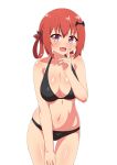  1girl :d bangs bare_arms bare_shoulders bat_hair_ornament bikini black_bikini body_blush breasts cleavage collarbone commentary_request cowboy_shot eyebrows_visible_through_hair fang gabriel_dropout hair_ornament hair_rings hand_up highres index_finger_raised kurumizawa_satanichia_mcdowell large_breasts looking_at_viewer navel nyaroon open_mouth purple_eyes red_hair short_hair simple_background skindentation smile solo stomach swimsuit thigh_gap white_background 