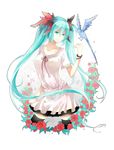  aqua_eyes aqua_hair bad_id bad_pixiv_id bird bracelet colored_eyelashes dress flower hatsune_miku highres jewelry long_hair lyodi rose simple_background smile solo thighhighs twintails very_long_hair vocaloid world_is_mine_(vocaloid) 