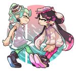  +_+ 2girls :p aori_(splatoon) black_hair coat cousins domino_mask earrings food food_on_head green_legwear hotaru_(splatoon) jewelry long_hair mask mole mole_under_eye multicolored_hair multiple_girls nintendo object_on_head pink_legwear pointy_ears short_hair smile splatoon splatoon_(series) splatoon_1 squid standing super_smash_bros. super_smash_bros._ultimate sushi tentacle_hair tongue tongue_out wong_ying_chee 