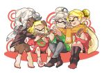  +_+ 4girls alternate_eye_color alternate_hair_color aori_(splatoon) blonde_hair christmas dark_skin domino_mask earrings grey_eyes grey_hair hime_(splatoon) hotaru_(splatoon) hug iida_(splatoon) jewelry long_hair mask mole mole_under_eye multiple_girls open_mouth pants pointy_ears scarf shared_scarf short_hair skirt smile socks splatoon splatoon_(series) splatoon_2 suction_cups tearing_up tentacle_hair wong_ying_chee yellow_eyes 