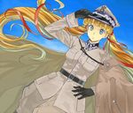  adjusting_clothes adjusting_hat aqua_eyes bangs belt blonde_hair blunt_bangs breasts coat code_geass gloves hair_ribbon hand_on_hip hat hips long_hair military military_uniform monica_kruszewski onoguru poland polish ribbon solo twintails uniform very_long_hair 