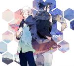  back-to-back blue_hair book closed_eyes coat jacket male_focus multiple_boys nezumi_(no.6) no.6 open_mouth scarf shion_(no.6) smile white_hair yubari 