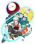  asa_no_ha_(pattern) blonde_hair boots camellia cherry_blossoms cup dish fish flower flying full_moon highres ivan_karelin jacket letterman_jacket male_focus moon purple_eyes purple_jacket sakazuki samurai10932 seigaiha sky_high solo superhero tank_top tiger_&amp;_bunny 