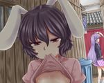  animal_ears bad_id bad_pixiv_id black_hair bunny_ears collarbone dress dress_lift flat_chest hand_on_hip hiding inaba_tewi long_hair masturbation mouth_hold multiple_girls nicutoka out-of-frame_censoring purple_hair red_eyes reisen_udongein_inaba short_hair sweat touhou trash_can very_long_hair 