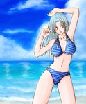  beach bikini blue_eyes blue_hair botan_(yu_yu_hakusho) botan_(yuu_yuu_hakusho) female jun_(pixiv2485586) long_hair midriff sky solo striped striped_bikini striped_swimsuit swimsuit water yu_yu_hakusho yuu_yuu_hakusho 